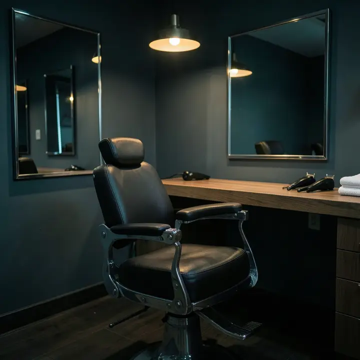 A barbershop chair under a warm pendant light