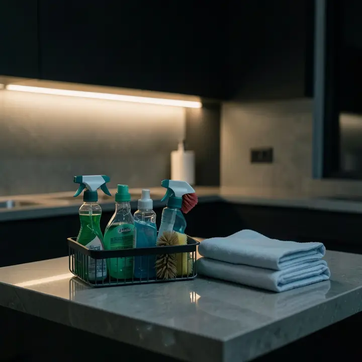 Cleaning supplies on a spotless kitchen counter