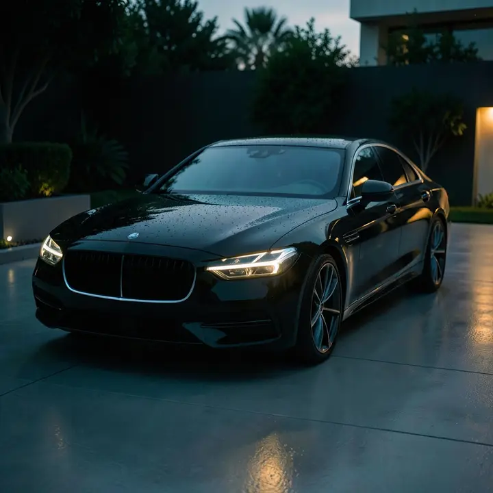 A freshly detailed black luxury sedan with mirror-like paint