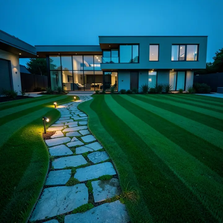 A freshly striped lawn at blue hour