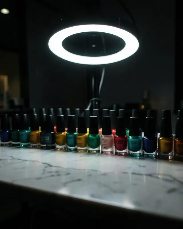 Rows of nail polish at a salon station